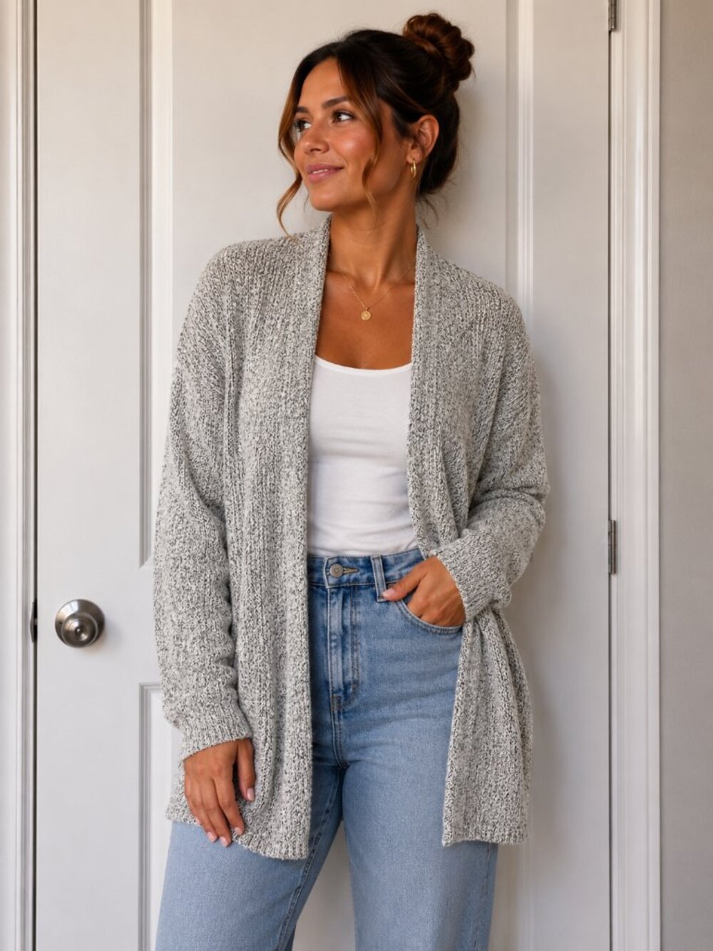 Cozy Open-Front Marled Light Gray Cardigan Sweater